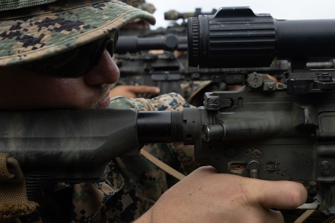 U.S. Marines with Battalion Landing Team 2/1, 31st Marine Expeditionary Unit, conduct dry fire practice prior to a live-fire exercise at Camp Hansen, Okinawa, Japan, May 5, 2023. The Marines of BLT 2/1 conducted dry and live-fire exercises in order to refresh and maintain their skill in close quarters marksmanship. The 31st MEU, the Marine Corps’ only continuously forward-deployed MEU, provides a flexible and lethal force ready to perform a wide range of military operations as the premier crisis response force in the Indo-Pacific region.