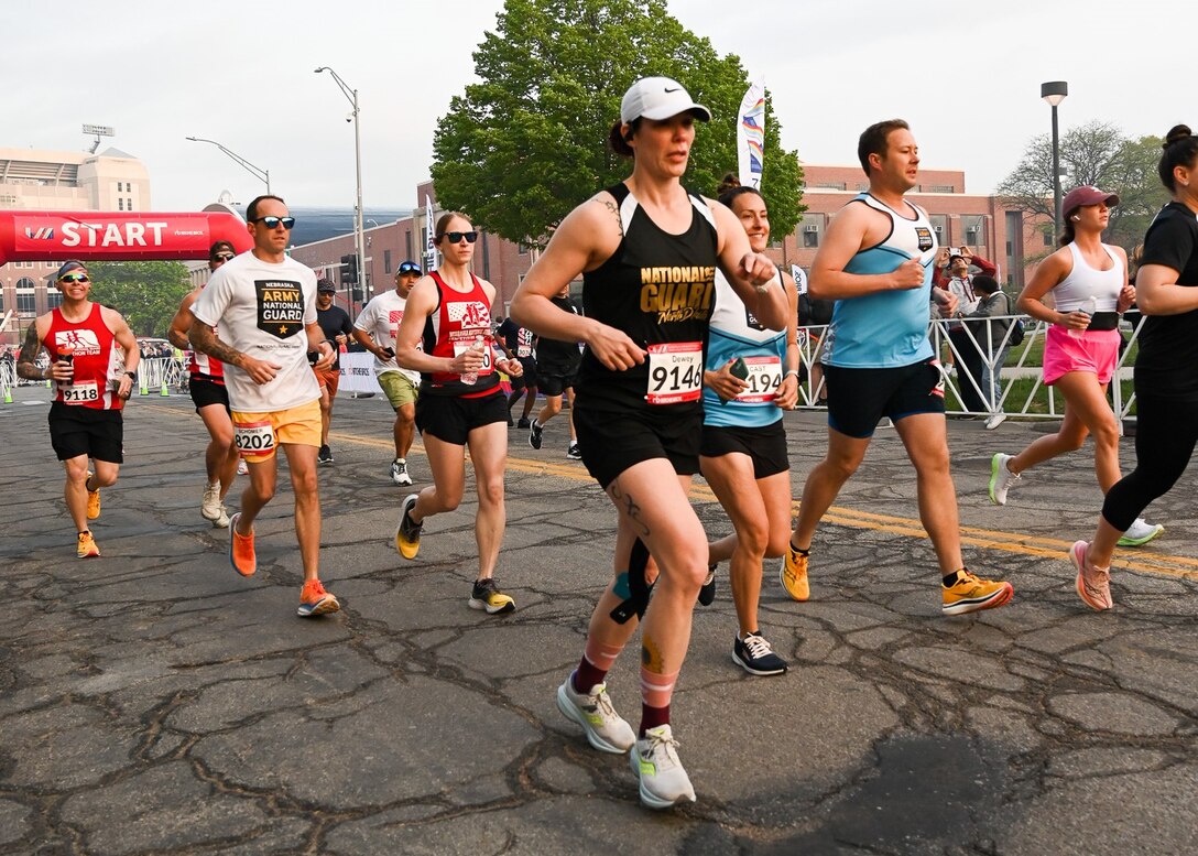 National Guard athletes race in the 46th annual Lincoln Marathon, which also serves as the National Guard Marathon Team time trials, held May 7, 2023, in Lincoln, Nebraska. More than 200 National Guard Airmen and Soldiers from across the country competed for spots on the All Guard Marathon Team.