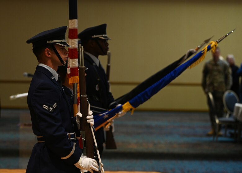 The Vandenberg Space Force Base Honor Guard presents the colors during the playing of the national anthem prior to the State of Vandenberg address on Vandenberg Space Force Base, Calif., March 15, 2023. During his keynote address, Col. Robert Long, Space Launch Delta 30 commander, shared that in 2022 the base had its busiest 12 months in 26 years. He also highlighted that Vandenberg will continue to have an integral part in the space industry's increase in activity and that it is crucial to national security. (U.S. Space Force photo by Airman 1st Class Ryan Quijas)