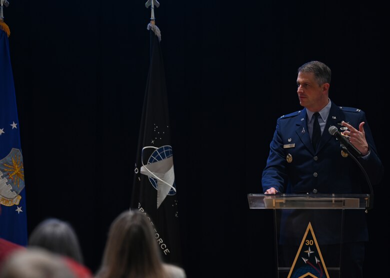 U.S. Space Force Col. Robert Long, Space Launch Delta 30 commander, delivers a keynote speech during the State of Vandenberg Space Force Base luncheon at the Pacific Coast Club, organized by the Santa Maria Valley and Lompoc Valley chambers of commerce March 15, 2023. He shared that in 2022 the base had its busiest 12 months in 26 years and highlighted that Vandenberg will continue to have an integral part in the space industry's increase in activity.  (U.S. Space Force photo by Airman 1st Class Ryan Quijas)