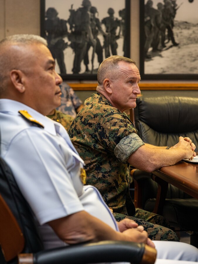 Rear Adm. Utai Youngwilai, left, chief of staff, Royal Thai Marine Corps (RTMC), and U.S. Marine Corps Lt. Gen. William M. Jurney, commander, U.S. Marine Corps Forces, Pacific (MARFORPAC), participate in the first Marine-to-Marine Future Engagement Planning event at Camp H. M. Smith, Hawaii, May 8, 2023. This event is designed to establish a mechanism to better plan for operations and activities conducted bilaterally between MARFORPAC and the RTMC. (U.S. Marine Corps photo by Lance Cpl. Blake Gonter)