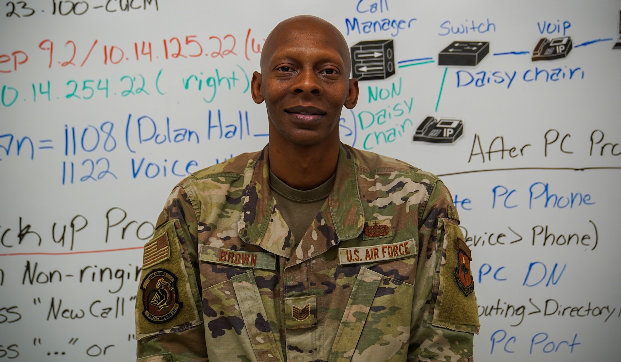 U.S. Air Force Tech. Sgt. Antoine Brown, 338th Training Squadron network systems operations course instructor, poses for a portrait in Dolan Hall at Keesler Air Force Base, Mississippi, May 9, 2023.