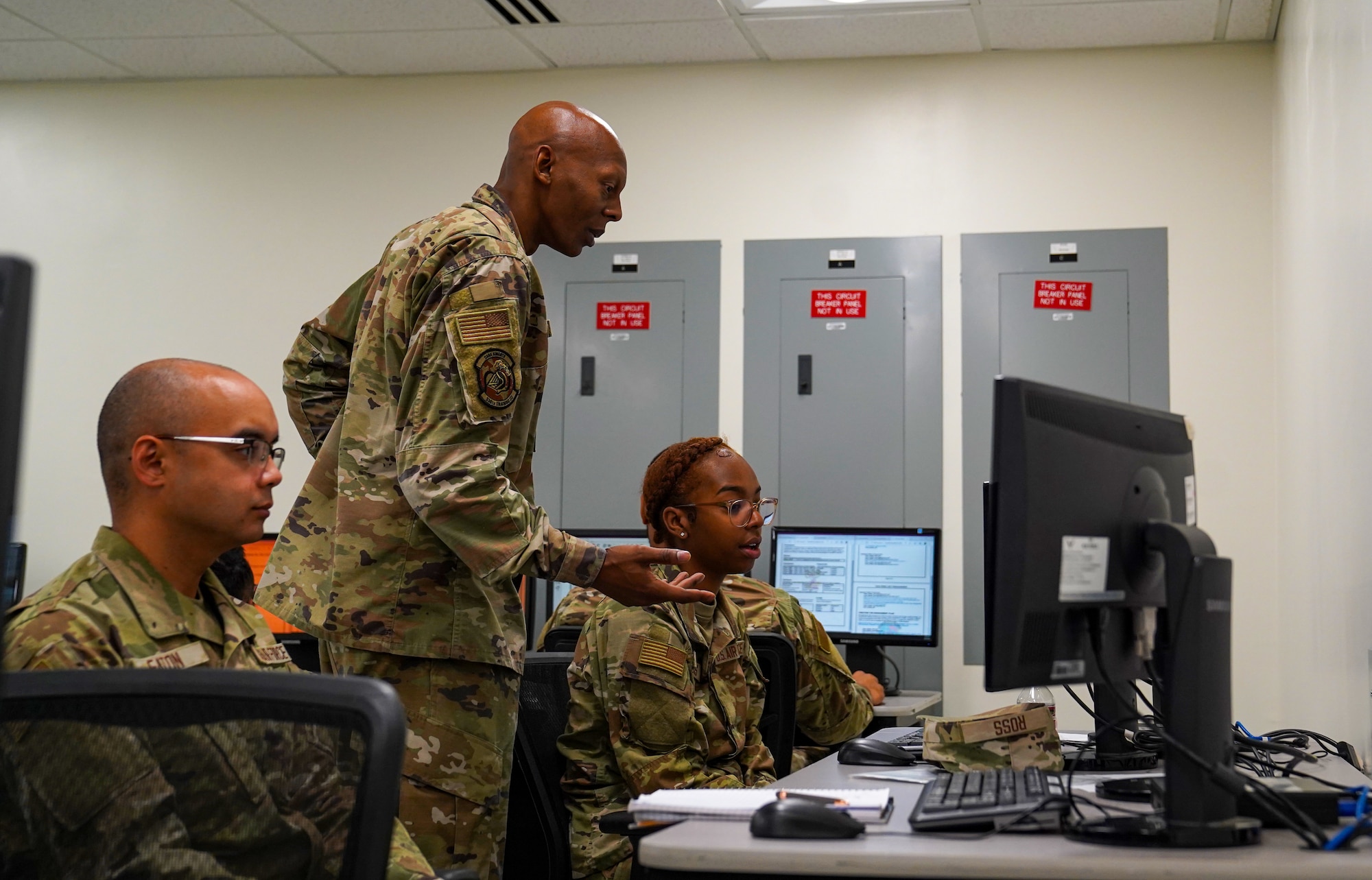 U.S. Air Force Tech. Sgt. Antoine Brown, 338th Training Squadron network systems operations course instructor, instructs Airman Orieal Ross, 338th TRS student, in Dolan Hall at Keesler Air Force Base, Mississippi, April 24, 2023.