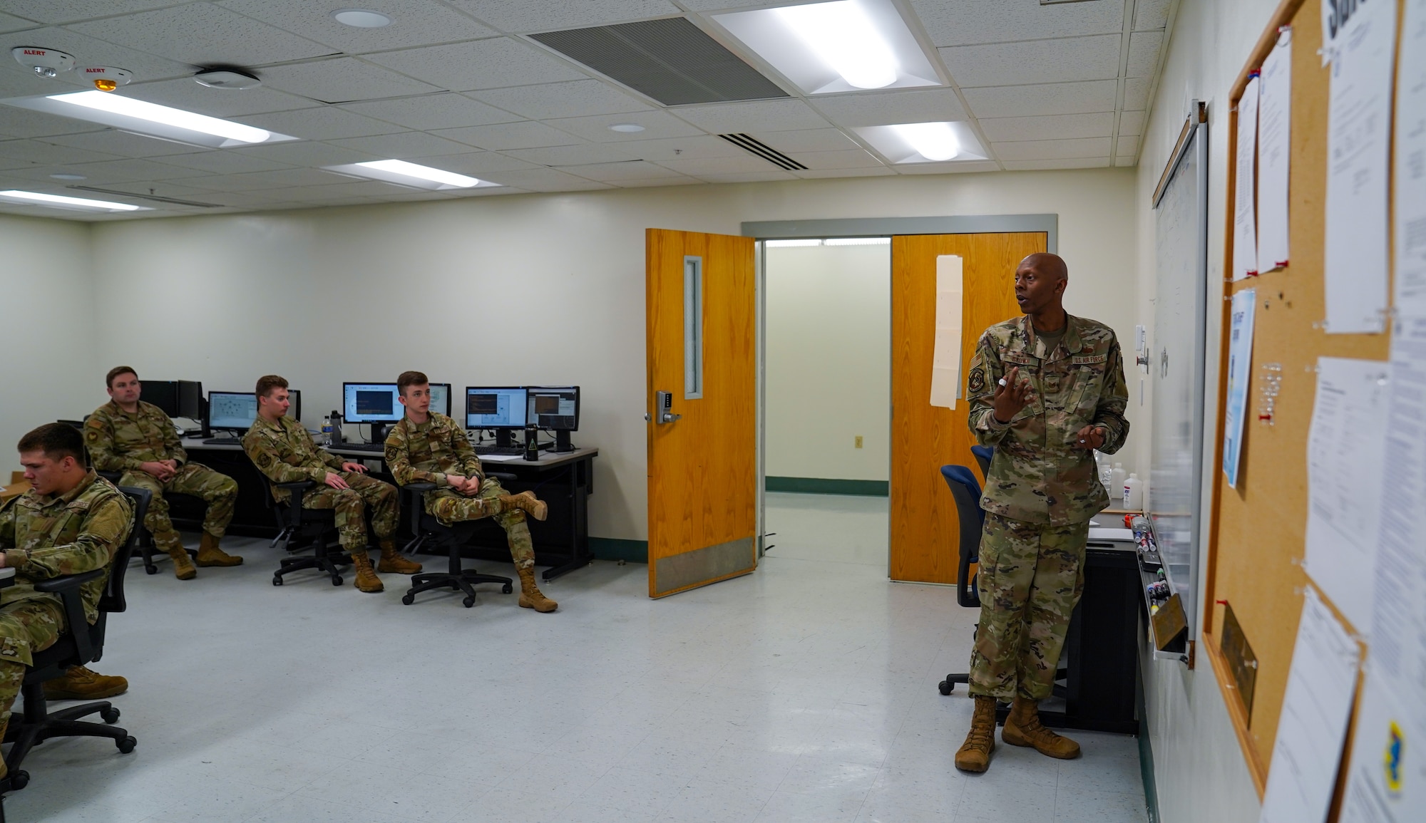 U.S. Air Force Tech. Sgt. Antoine Brown, 338th Training Squadron network systems operations course instructor, teaches a class in Dolan Hall at Keesler Air Force Base, Mississippi, April 24, 2023.