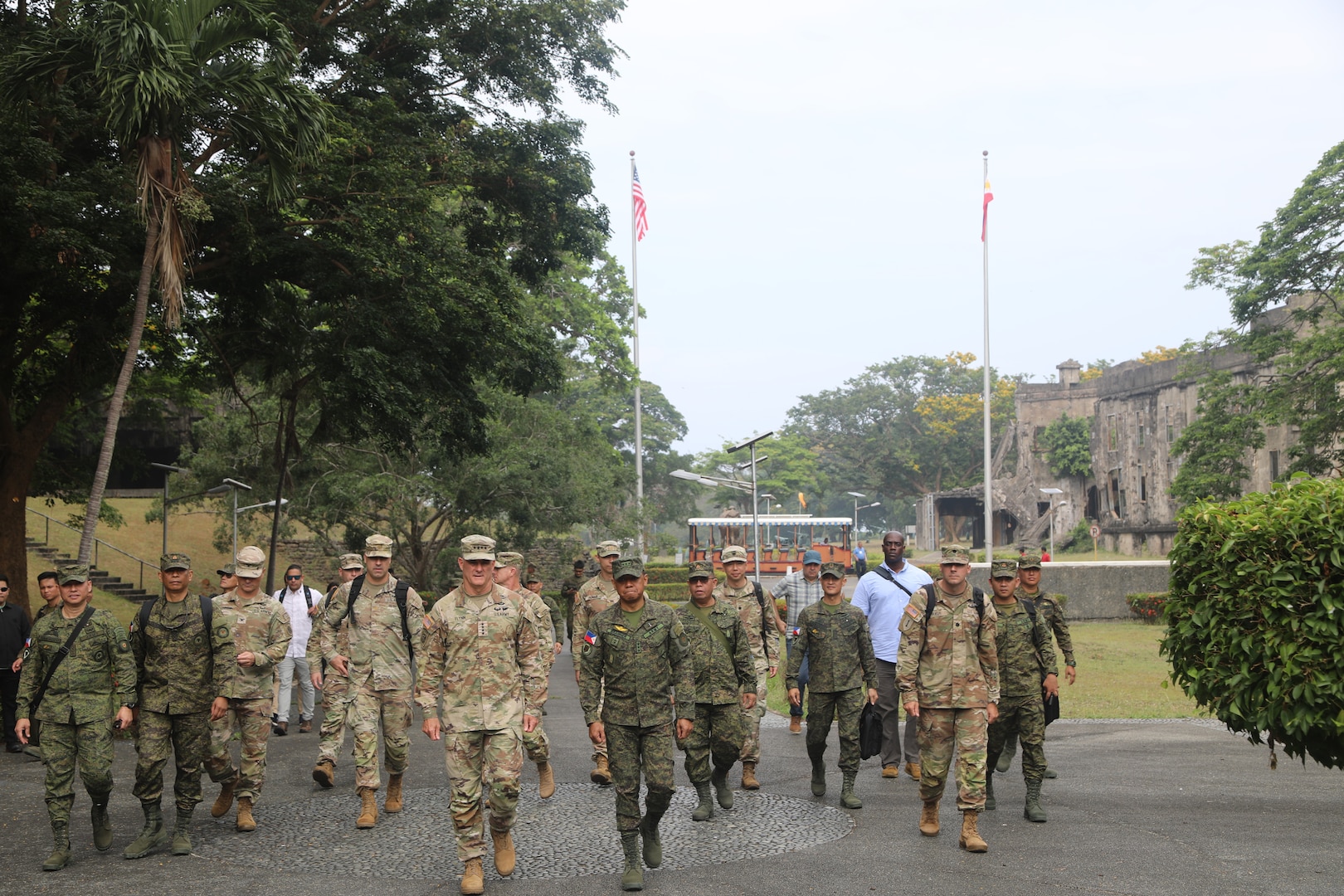 Gen. Charles Flynn, Commanding General of U.S. Army Pacific, and Philippine Army Chief of Staff Lt. Gen. Romeo S. Brawner, Jr. lead a U.S.-Philippine Army delegation to visit the ruins of Fort Mills on Corregidor Island during Exercise Balikatan 2023. (U.S. Army photos by CPT Benjamin Myers)