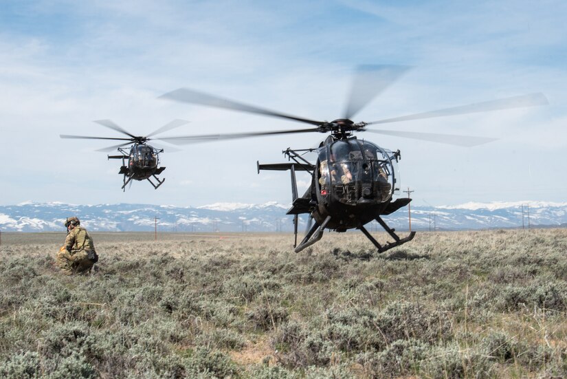 A pair of MH-6M Little Birds from the 160th Special Operations Aviation Regiment extract 123rd Special Tactics Squadron Airmen during Exercise Agile Chariot near Riverton, Wyoming, May 2, 2023. Agile Chariot tested Agile Combat Employment capabilities, including using smaller, more dispersed locations and teams to rapidly move and support aircraft, pilots and other personnel wherever they’re needed. (U.S. Air National Guard photo by Master Sgt. Phil Speck)