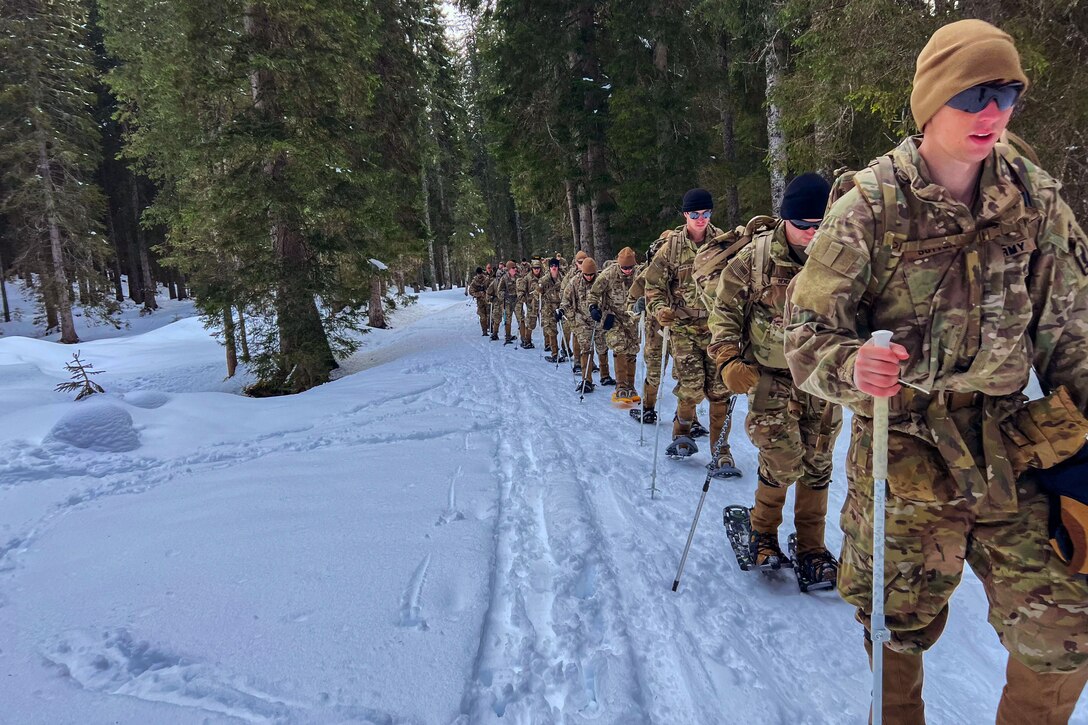 Soldiers walk in a line up a hill in the snow.
