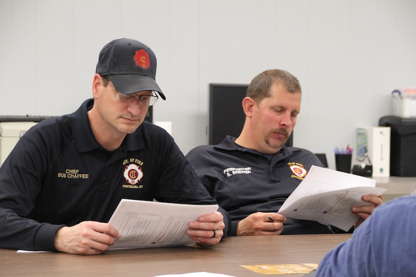 1st Sgt. Jason Rhodes and other members of the Kentucky National Guard County Outreach Team speak to Harrison County emergency services and elected officials May 2nd in Cynthiana, KY to discuss emergency planning and identify any shortfalls in resources where the Guard can assist. (U.S. Army National Guard Photo by Milt Spalding)