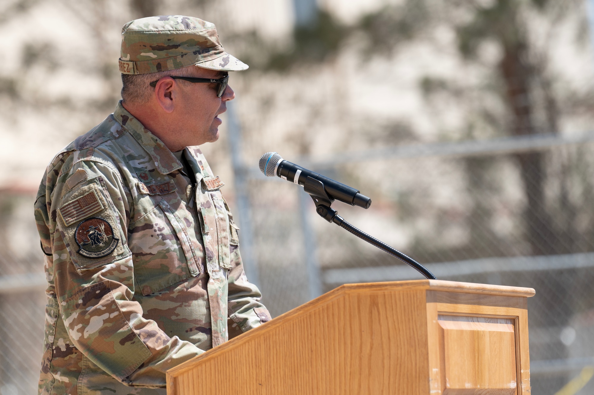 Col. Jose Gutierrez, 412th Electronic Warfare Group commander, speaks as the presiding official at the Digital Test and Training Range Facility Ribbon-Cutting Ceremony at Edwards Air Force Base, California, May 8, 2023. The DTTR is specifically designed to meet the unique and complex needs of the Joint Simulation Environment. Equipped with cutting-edge technology, the facility enables Edwards' skilled test professionals to work more effectively and efficiently than ever. (U.S. Air Force Photo/Tech. Sgt. Robert Cloys)