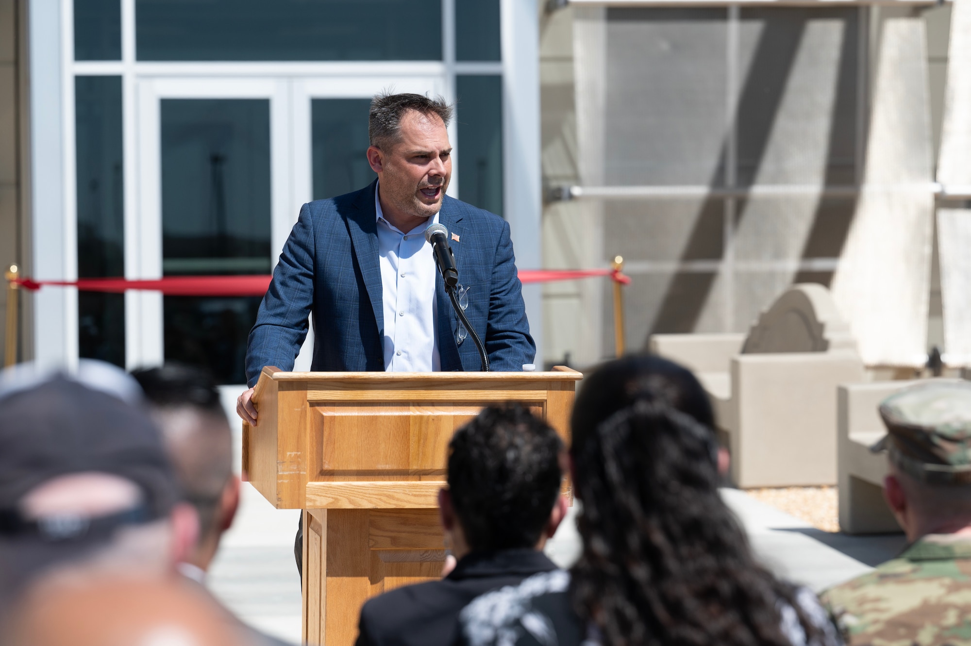 United States Congressman Mike Garcia, California 27th District, speaks at the Digital Test and Training Range Facility Ribbon-Cutting Ceremony at Edwards Air Force Base, California, May 8, 2023. The DTTR is specifically designed to meet the unique and complex needs of the Joint Simulation Environment. Equipped with cutting-edge technology, the facility enables Edwards' skilled test professionals to work more effectively and efficiently than ever. (U.S. Air Force Photo/Tech. Sgt. Robert Cloys)