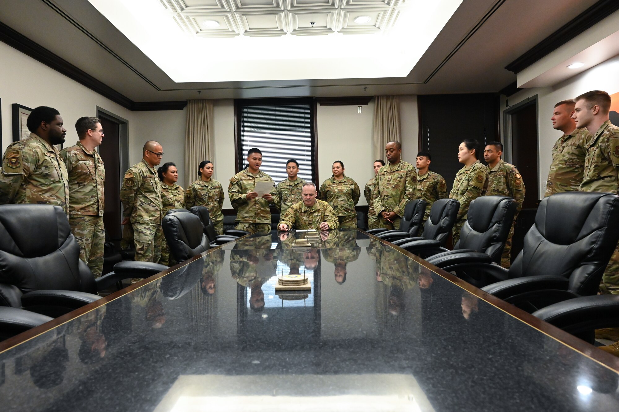 U.S. Air Force Airmen are present for the Asian/Pacific American Heritage Month proclamation signing at Whiteman AFB, Mo., May 8, 2023. This proclamation acknowledges Asian/Pacific American Heritage Month and pays tribute to the Asian American Pacific Islanders of Whiteman and their culture. (U.S. Air Force photo Airman 1st Class Joseph Garcia)