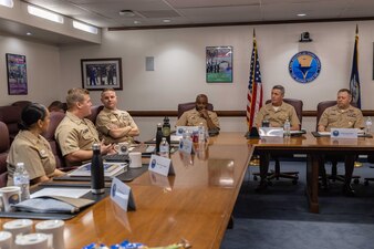 Rear Adm. Pete Garvin, commander, Naval Education and Training Command (NETC), center-right, Force Master Chief Rick Mengel, right, NETC’s force master chief, and Capt. Cliff Collins, center, NETC’s chief of staff, meet with the NETC domain fiscal year 2022 Sailor of the Year (SOY) candidates and their command master chiefs during NETC SOY Recognition Week at NETC Headquarters in Pensacola, Florida, May 9, 2023. NETC's mission is to recruit, train and deliver those who serve our nation, taking them from street-to-fleet by forging civilians into highly skilled, operational and combat ready warfighters. (United States Navy photo by Mass
Communication Specialist 2nd Class Zachary Melvin)