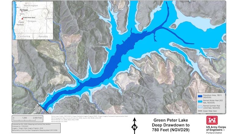 A map shows the Lookout Point reservoir, with different color coding that shows smaller and smaller areas the reservoir will fill as the water is drawn down to comply with injunction measures.