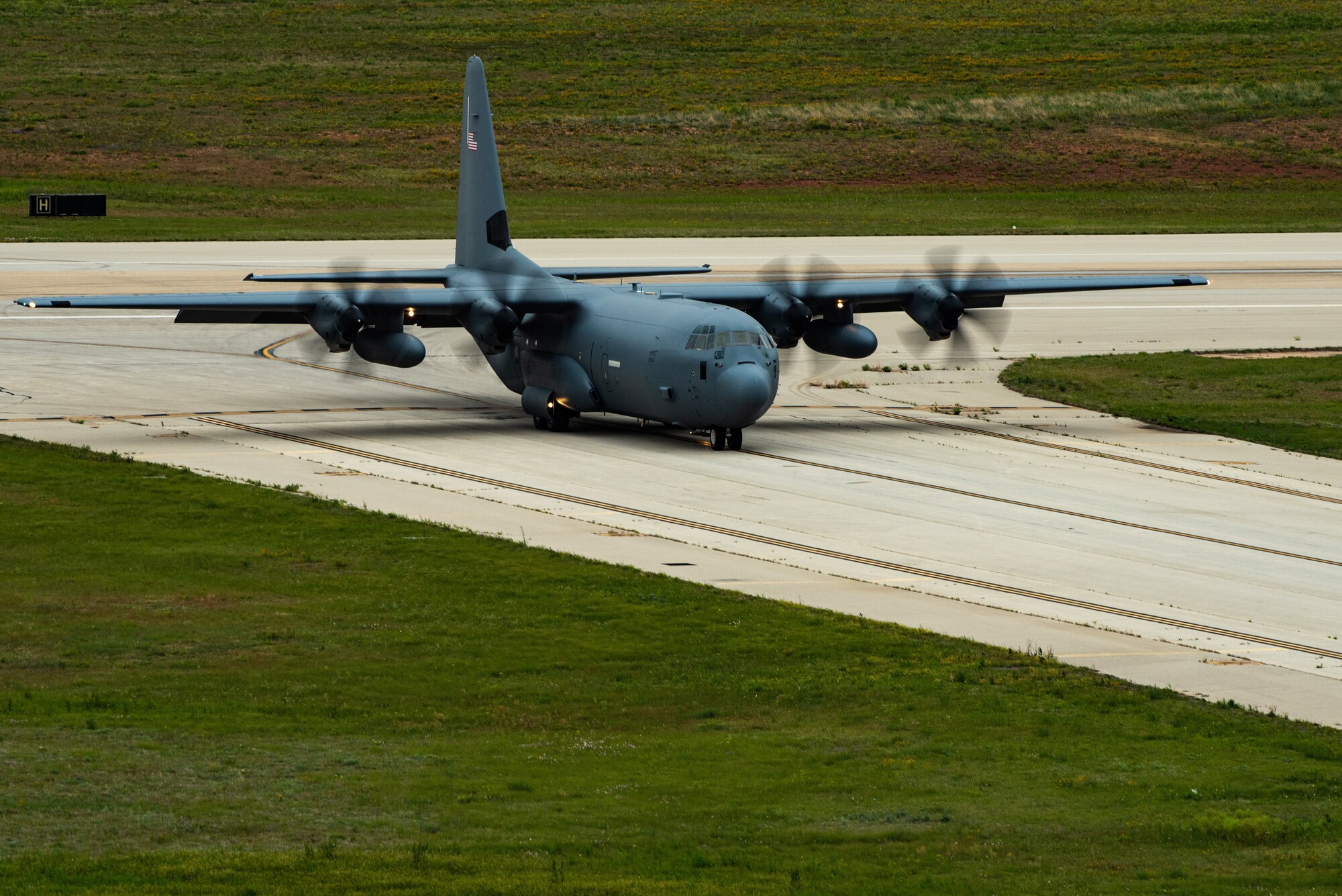 A C-130J Super Hercules lands at Dyess Air Force Base, Texas, April 28, 2023.