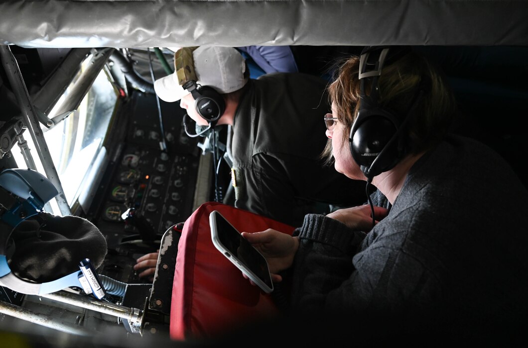 Spouses of the 507th Air Refueling Wing take flight aboard a KC-135R Stratotanker assigned to the 465th Air Refueling Squadron, Tinker Air Force Base, Oklahoma, May 5, 2023. The spouses were able to see the air refueling mission in action and learned about what their airmen do everyday to make the mission happen.