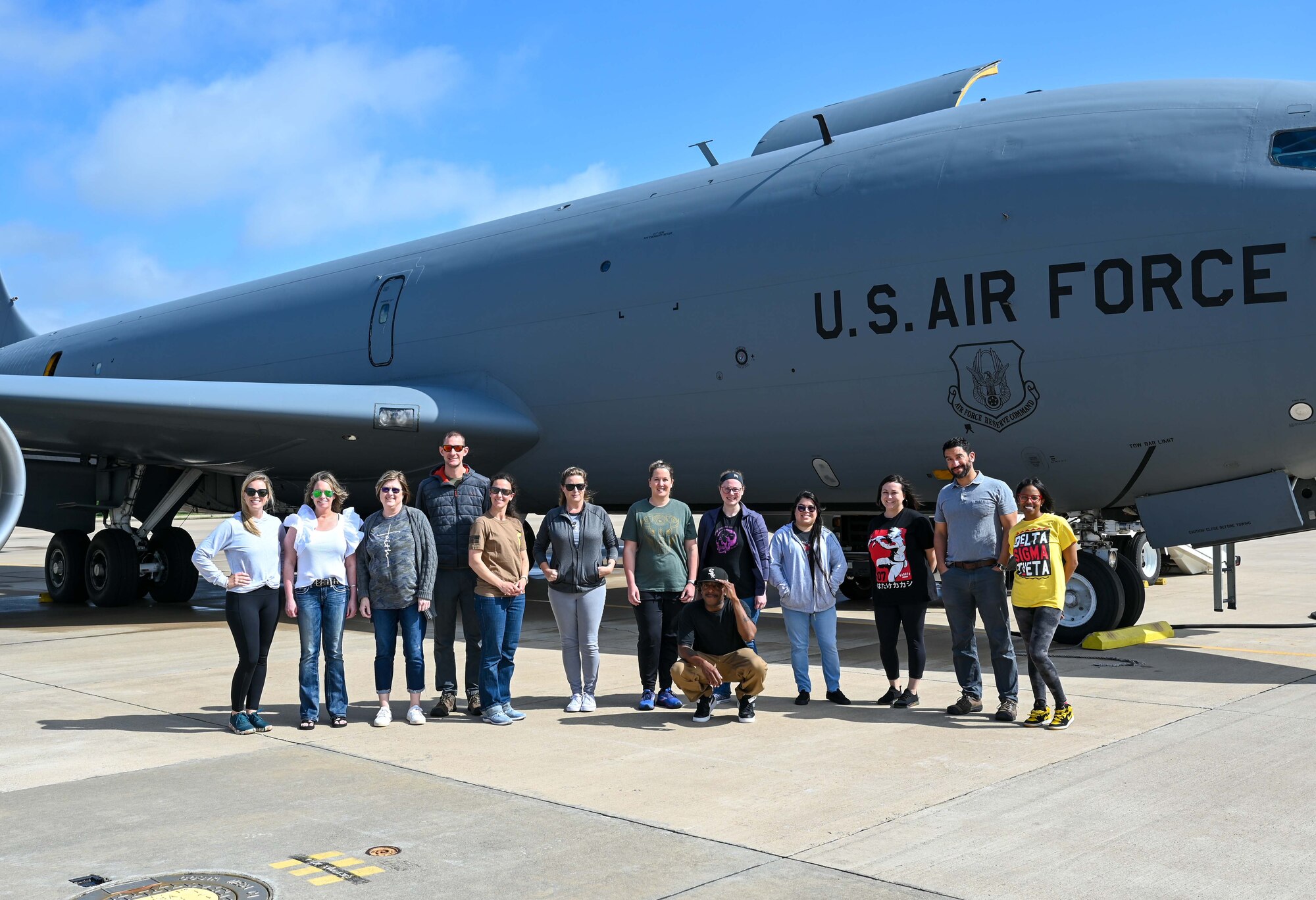 Spouses of the 507th Air Refueling Wing take flight aboard a KC-135R Stratotanker assigned to the 465th Air Refueling Squadron, Tinker Air Force Base, Oklahoma, May 5, 2023. The spouses were able to see the air refueling mission in action and learned about what their airmen do everyday to make the mission happen.