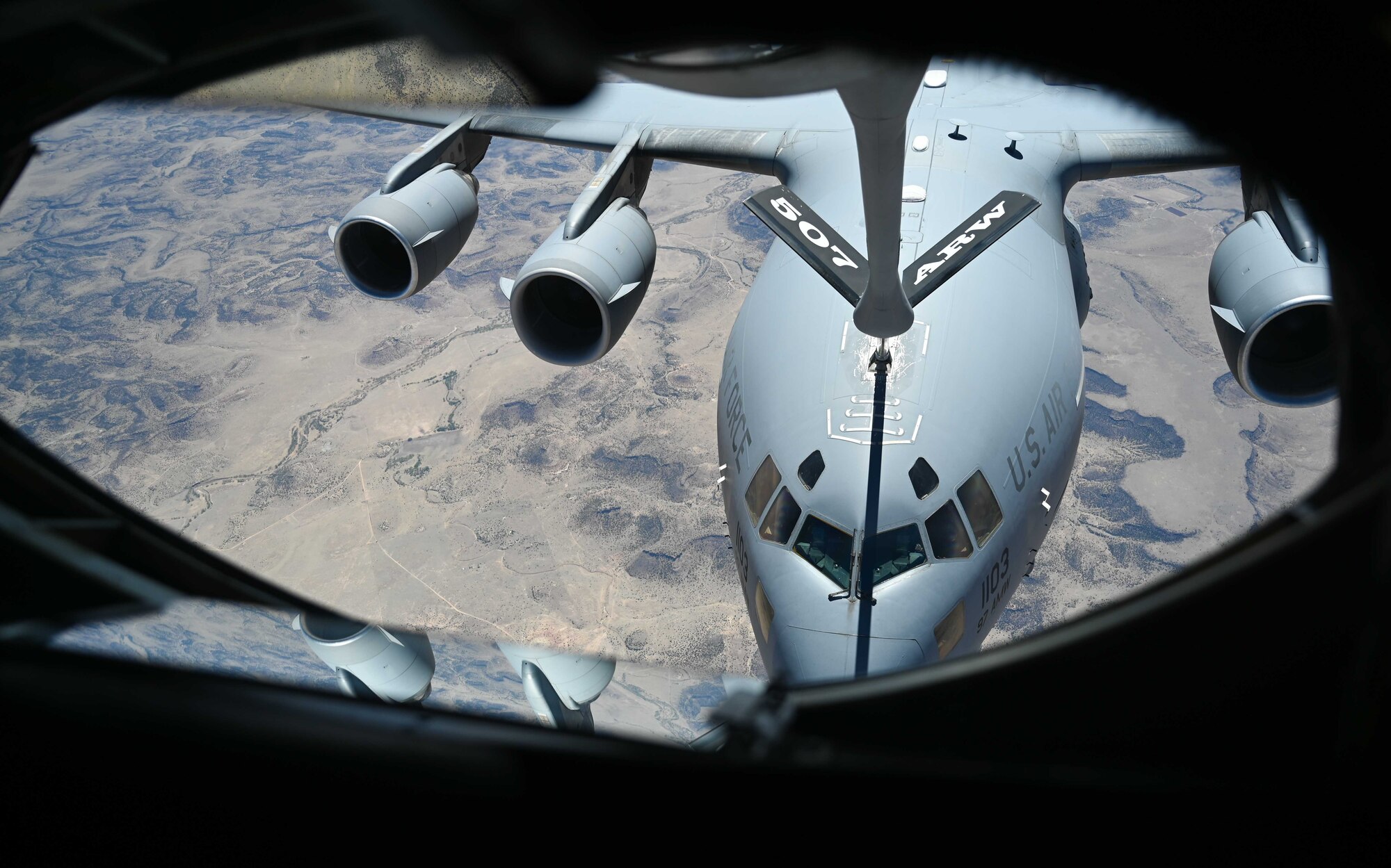 Spouses of the 507th Air Refueling Wing take flight aboard a KC-135R Stratotanker assigned to the 465th Air Refueling Squadron, Tinker Air Force Base, Oklahoma, May 5, 2023. The spouses were able to see the air refueling mission in action and learned about what their airmen do everyday to make the mission happen.