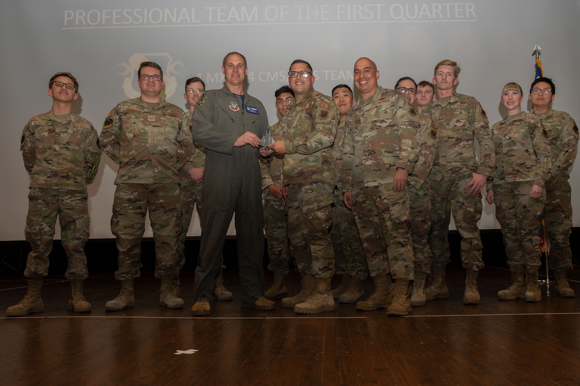 Airmen assigned to the 4th Maintenance Group, 4th Component Maintenance Squadron Electronic System Test Set Team, receive the Professional Team of the Quarter award from Col. Lucas Teel, center left, 4th Fighter Wing commander, and Chief Master Sgt. Peter Martinez, center right, 4th FW command chief, during the 4th FW 1st Quarter Awards Ceremony at Seymour Johnson Air Force Base, North Carolina, May 5, 2023. Quarterly awards were awarded to Airmen and civilians in 12 different categories, to recognize the recipients exceptional work. (U.S. Air Force photo by Airman 1st Class Rebecca Sirimarco-Lang)