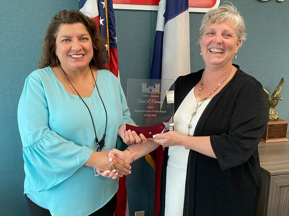 Carol Carrasco (left), was recently recognized as the 2023 "Administrative Professional of the Year" for U.S. Army Corps of Engineers (USACE) Galveston District. Carrasco was nominated by Dr. Kelly Burks-Copes (right), chief of the Galveston District's Mega Projects Division (MPD) Program Support.

A seven-year veteran of the U.S. Army, Carrasco joined the USACE in 2020. Recognized for her hard-charging attitude and ability to complete the difficult, she was selected as one of the first employees assigned to the MPD in early 2022.