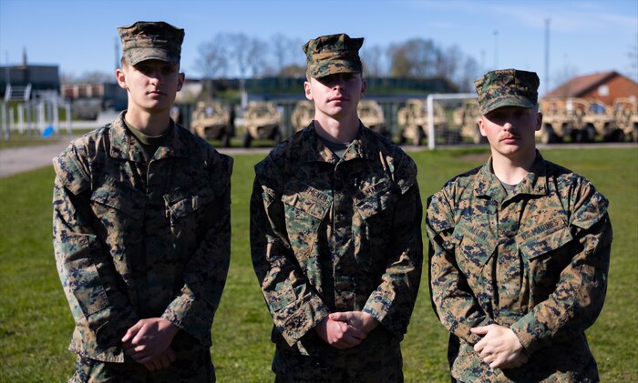 From left, Lance Cpl. Aiden Morey, Lance Cpl. Christopher Butemeyer, and Lance Cpl. Colton Allen pose for a photo in Tallinn, Estonia, May 8th, 2023. The three U.S. Marines saved a man’s life in Tallin, Estonia, when they found him unconscious and asphyxiated in a local restaurant, May 7, 2023. These U.S. Marines are currently deployed with TF 61/2, a rapidly deployable and scalable coordination cell that commands Fleet Marine Forces and assigned Naval Forces in support of Sixth Fleet operations.