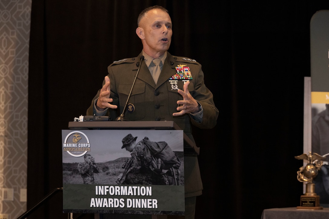 U.S. Marine Corps Lt. Gen. Matthew Glavy, the deputy commandant for information, gives remarks during the annual Marine Corps Association information awards dinner in Arlington, Virginia, April 20, 2023. Marines with outstanding performance in the information occupational field were recognized and awarded according to their achievements. (U.S. Marine Corps photo by Sgt. Rachaelanne Woodward)