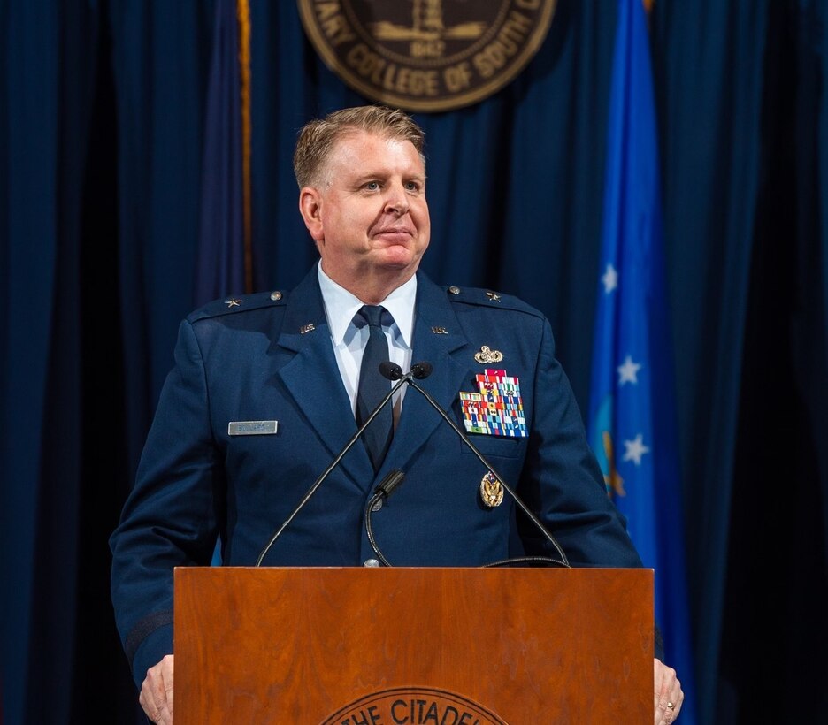 Office of Special Investigations Commander, Brig. Gen. Terry L. Bullard, pauses during his remarks to attendees at the May 5, 2023, Military Joint Commissioning Ceremony at The Citadel, where he graduated as a second lieutenant in 1993. (Photo by Ed Wray, The Citadel)