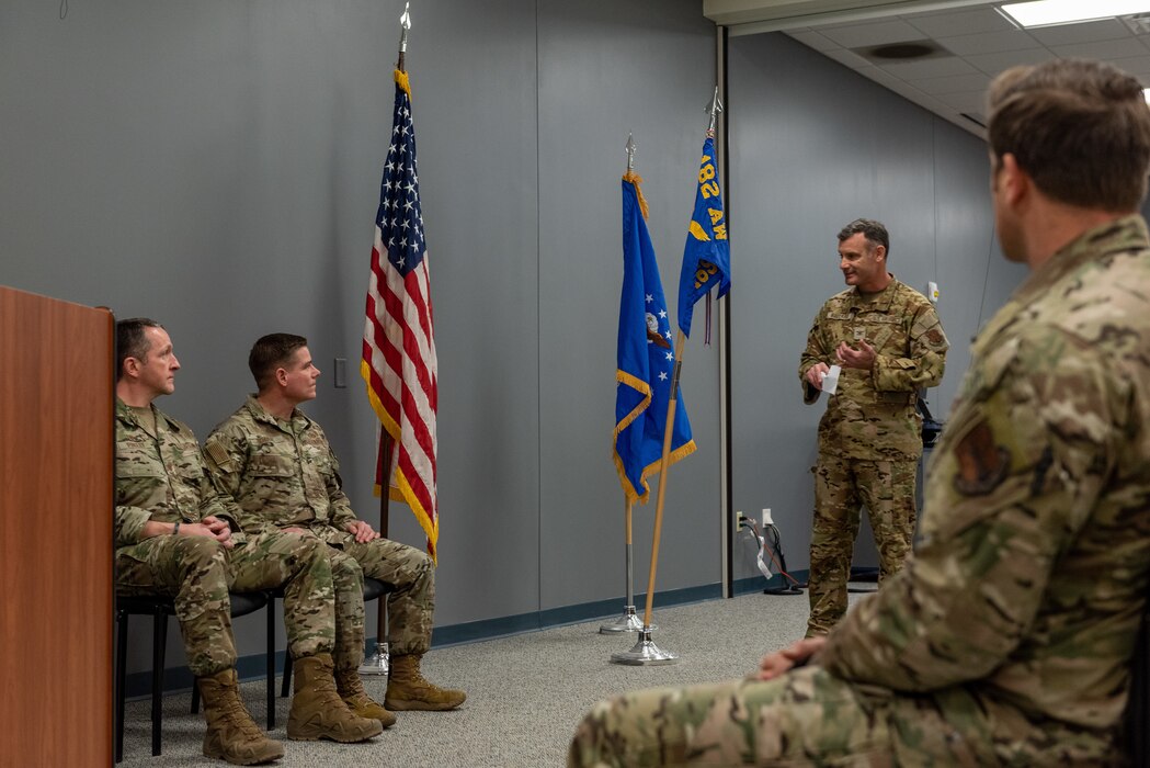 U.S. Air Force Maj. Christopher Schutte receives command of the 169th Air Support Operations Squadron, Illinois Air National Guard, at the change of command ceremony held at the 182nd Airlift Wing, Peoria, Illinois, Feb. 2, 2023.