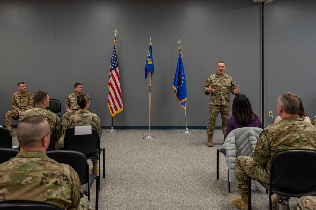 U.S. Air Force Maj. Christopher Schutte receives command of the 169th Air Support Operations Squadron, Illinois Air National Guard, at the change of command ceremony held at the 182nd Airlift Wing, Peoria, Illinois, Feb. 2, 2023.