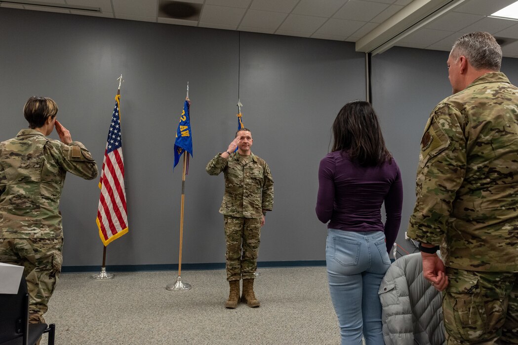 U.S. Air Force Maj. Christopher Schutte receives command of the 169th Air Support Operations Squadron, Illinois Air National Guard, at the change of command ceremony held at the 182nd Airlift Wing, Peoria, Illinois, Feb. 2, 2023.