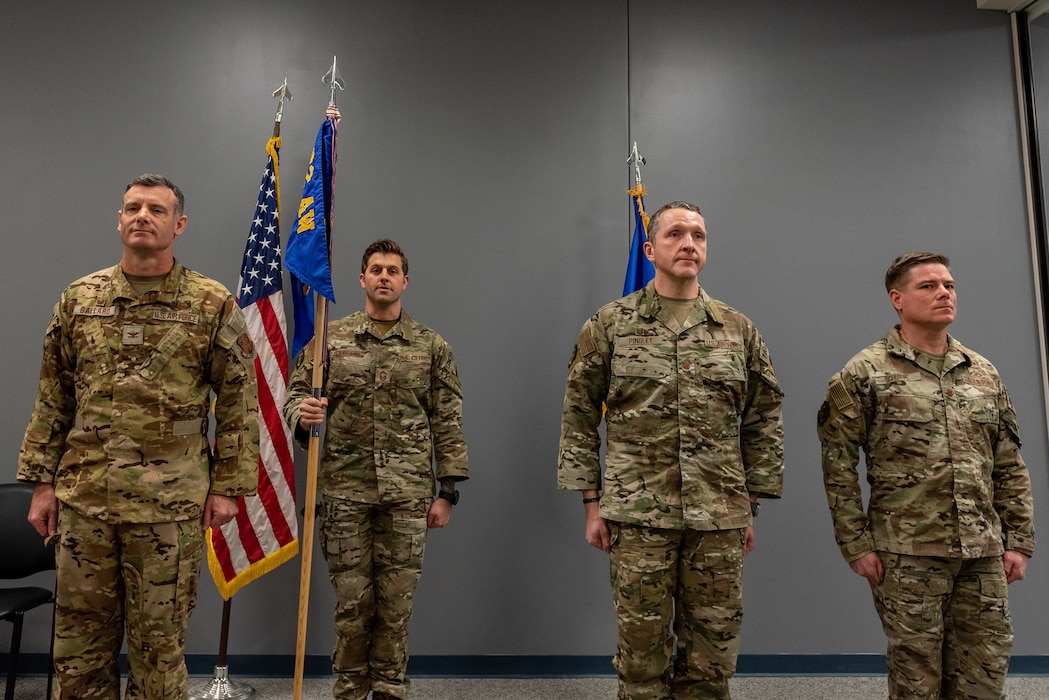 U.S. Air Force Maj. Christopher Schutte receives command of the 169th Air Support Operations Squadron, Illinois Air National Guard, at the change of command ceremony held at the 182nd Airlift Wing, Peoria, Illinois, Feb. 2, 2023.