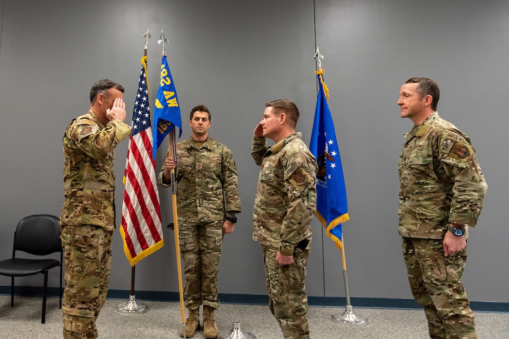 U.S. Air Force Maj. Christopher Schutte receives command of the 169th Air Support Operations Squadron, Illinois Air National Guard, at the change of command ceremony held at the 182nd Airlift Wing, Peoria, Illinois, Feb. 2, 2023.