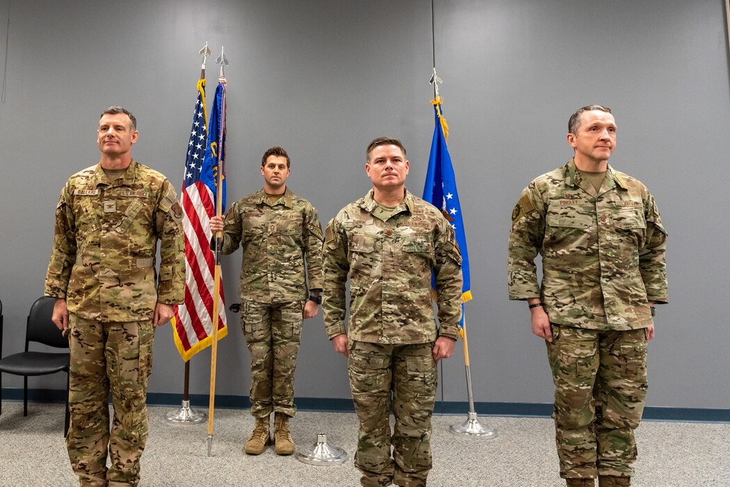 U.S. Air Force Maj. Christopher Schutte receives command of the 169th Air Support Operations Squadron, Illinois Air National Guard, at the change of command ceremony held at the 182nd Airlift Wing, Peoria, Illinois, Feb. 2, 2023.