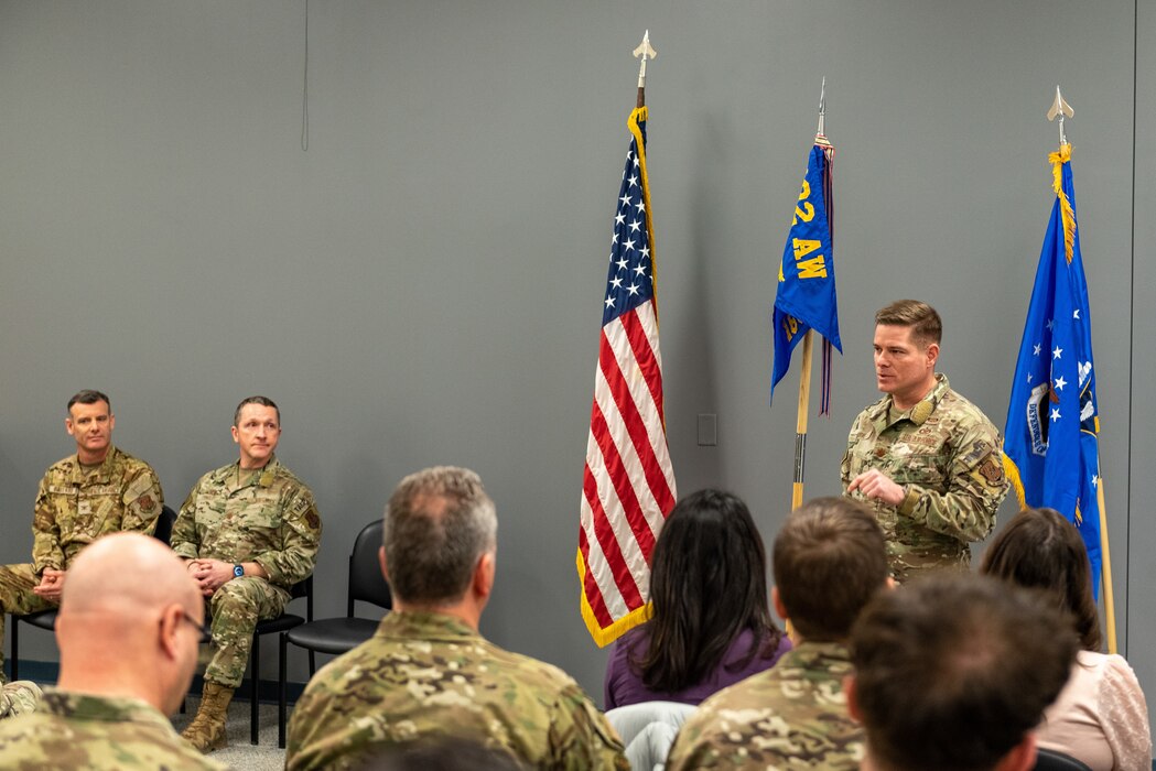 U.S. Air Force Maj. Christopher Schutte receives command of the 169th Air Support Operations Squadron, Illinois Air National Guard, at the change of command ceremony held at the 182nd Airlift Wing, Peoria, Illinois, Feb. 2, 2023.