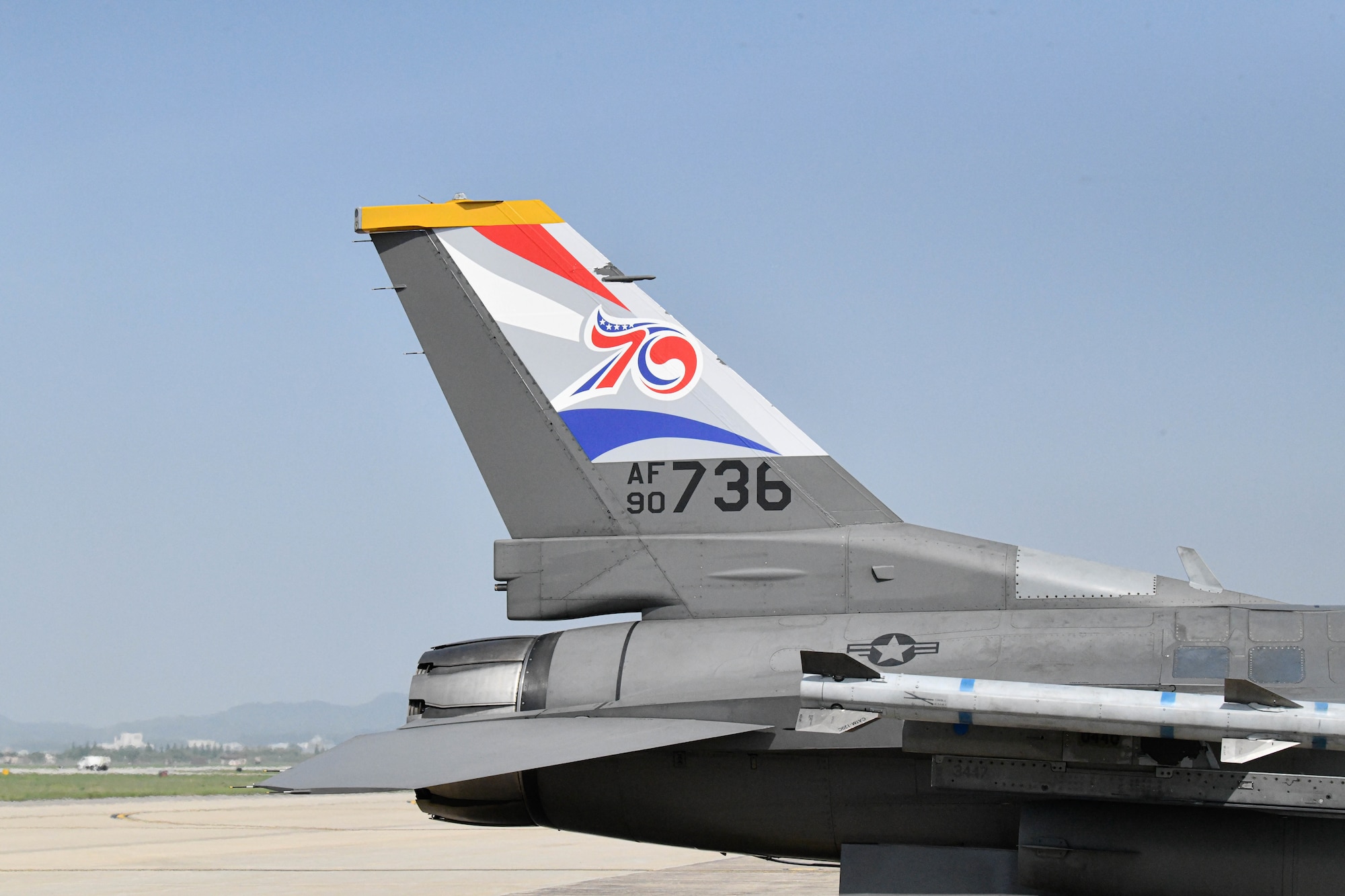 An F-16 Fighting Falcon assigned to the 8th Fighter Wing, Kunsan Air Base, Republic of Korea, taxis to the runway with a U.S.-ROK Alliance 70th Anniversary tail flash at Osan AB, ROK, May 7, 2023. The signing of the U.S.-ROK Mutual Defense Treaty in 1953 marked the beginning of the U.S.-ROK Alliance. (U.S. Air Force photo by 1st Lt. Cameron Silver)