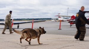 U.S. Air Force 9th Security Forces Squadron Airmen participate in a K-9 demonstration during the Chico Fly-in, May 6, 2023, at Chico Regional Airport, Chico, California.