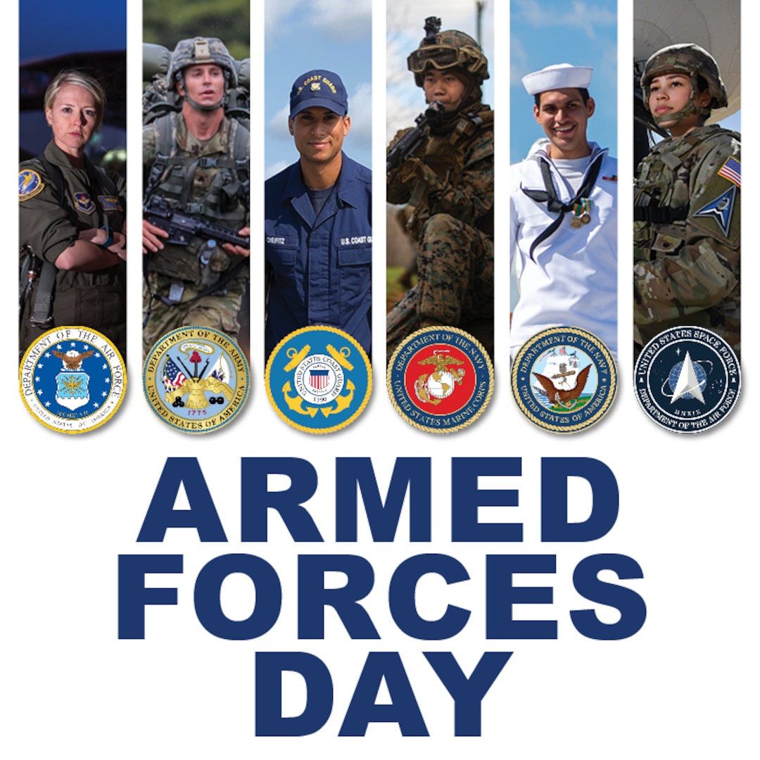 Celebrate Armed Forces Day in May and honor all who are serving in the U.S. Army, U.S. Navy, U.S. Marine Corps, U.S. Air Force, U.S. Coast Guard and U.S. Space Force. (Graphic by Amy Givens, Nebraska Military Department)