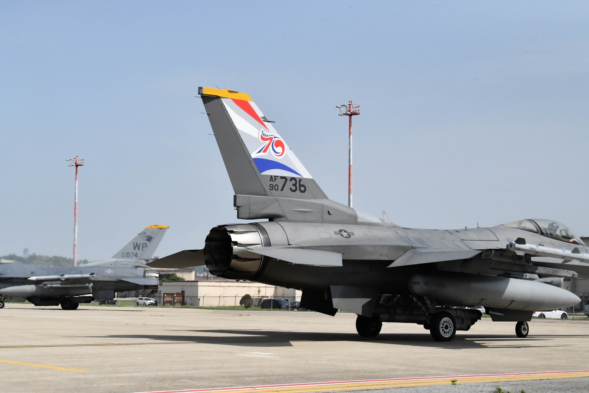 An F-16 Fighting Falcon assigned to the 8th Fighter Wing, Kunsan Air Base, Republic of Korea, taxis to the runway with a U.S.-ROK Alliance 70th Anniversary tail flash at Osan AB, ROK, May 7, 2023. The U.S.-ROK Alliance continues to work towards shared goals of securing peace, stability and prosperity on the Korean Peninsula and throughout the Indo-Pacific region. (U.S. Air Force photo by Senior Airman Karla Parra)
