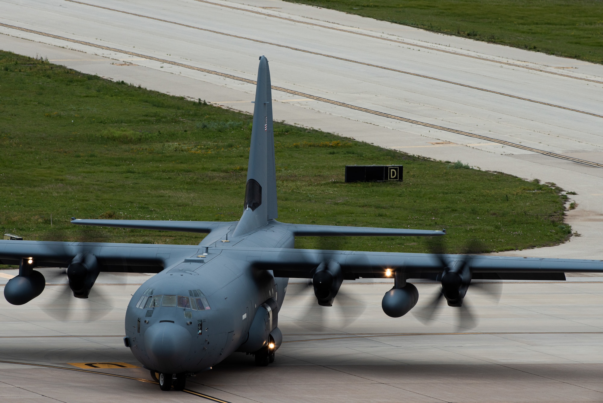 A C-130J Super Hercules prepares to taxi at Dyess Air Force Base, Texas, April 28, 2023.