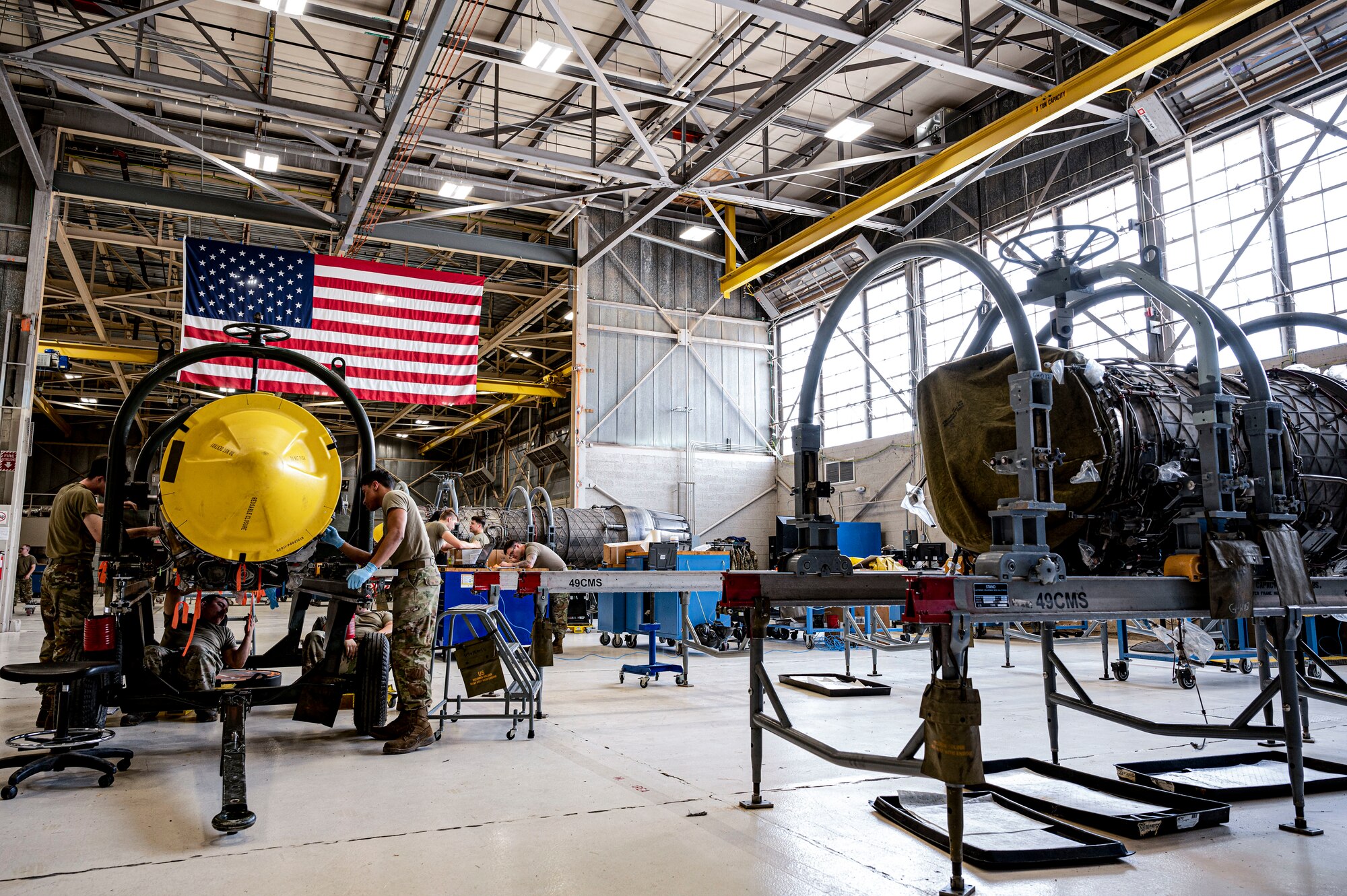 The interior of the 49th Component Maintenance Squadron aerospace propulsion shop at Holloman Air Force Base, New Mexico, May 3, 2023.The 49th CMS aerospace propulsion shop is responsible for the maintenance of all F-16 Viper engines on base, ensuring they are at maximum efficiency for Holloman’s pilots. (U.S. Air Force photo by Airman 1st Class Isaiah Pedrazzini)