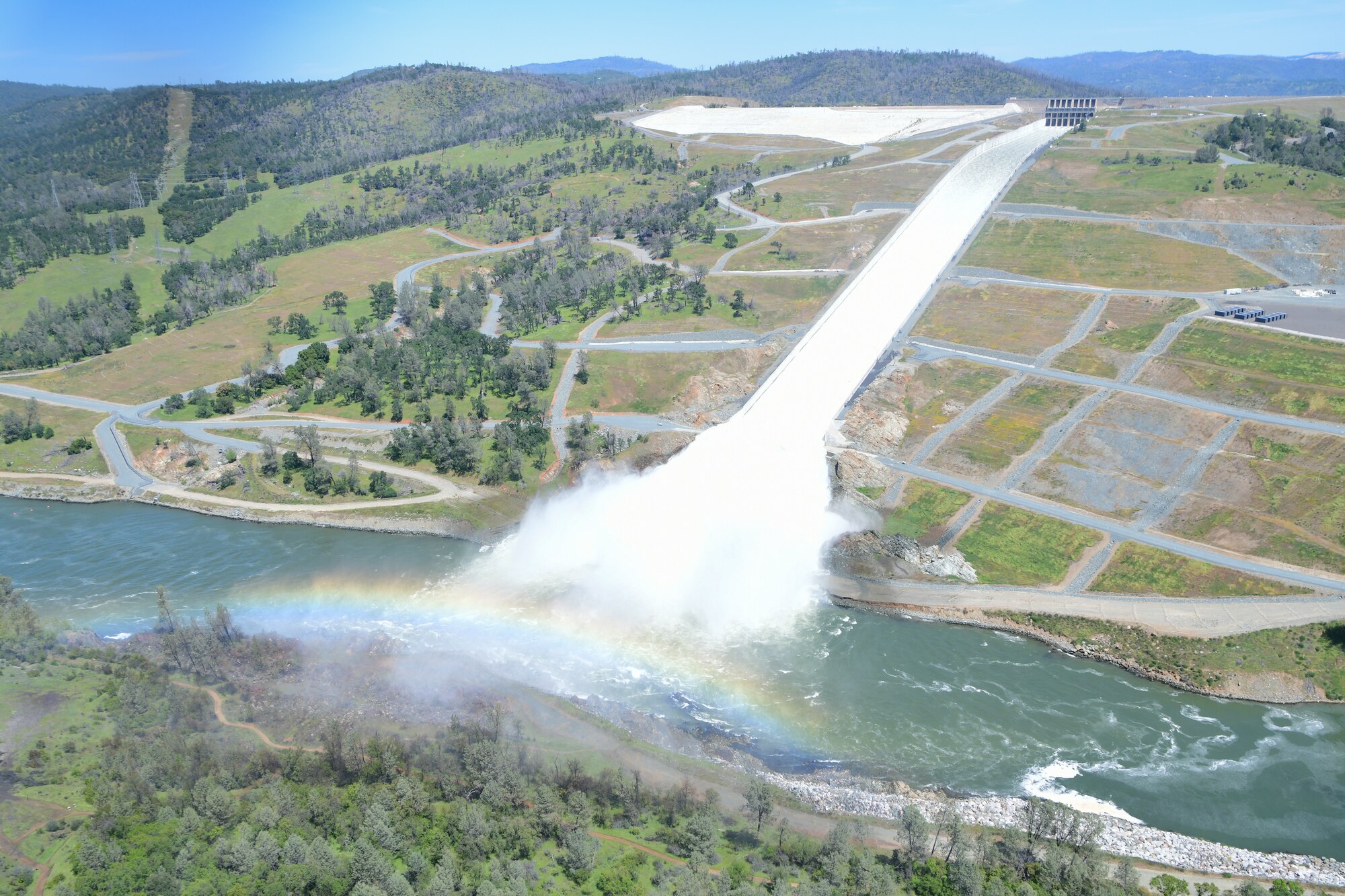 A wide view of the Oroville dam taken from a UH-60 Blackhawk helicopter on April 26, 2023, at location.