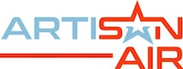 Words Artisan Air with the A in Artisan as a red and blue star