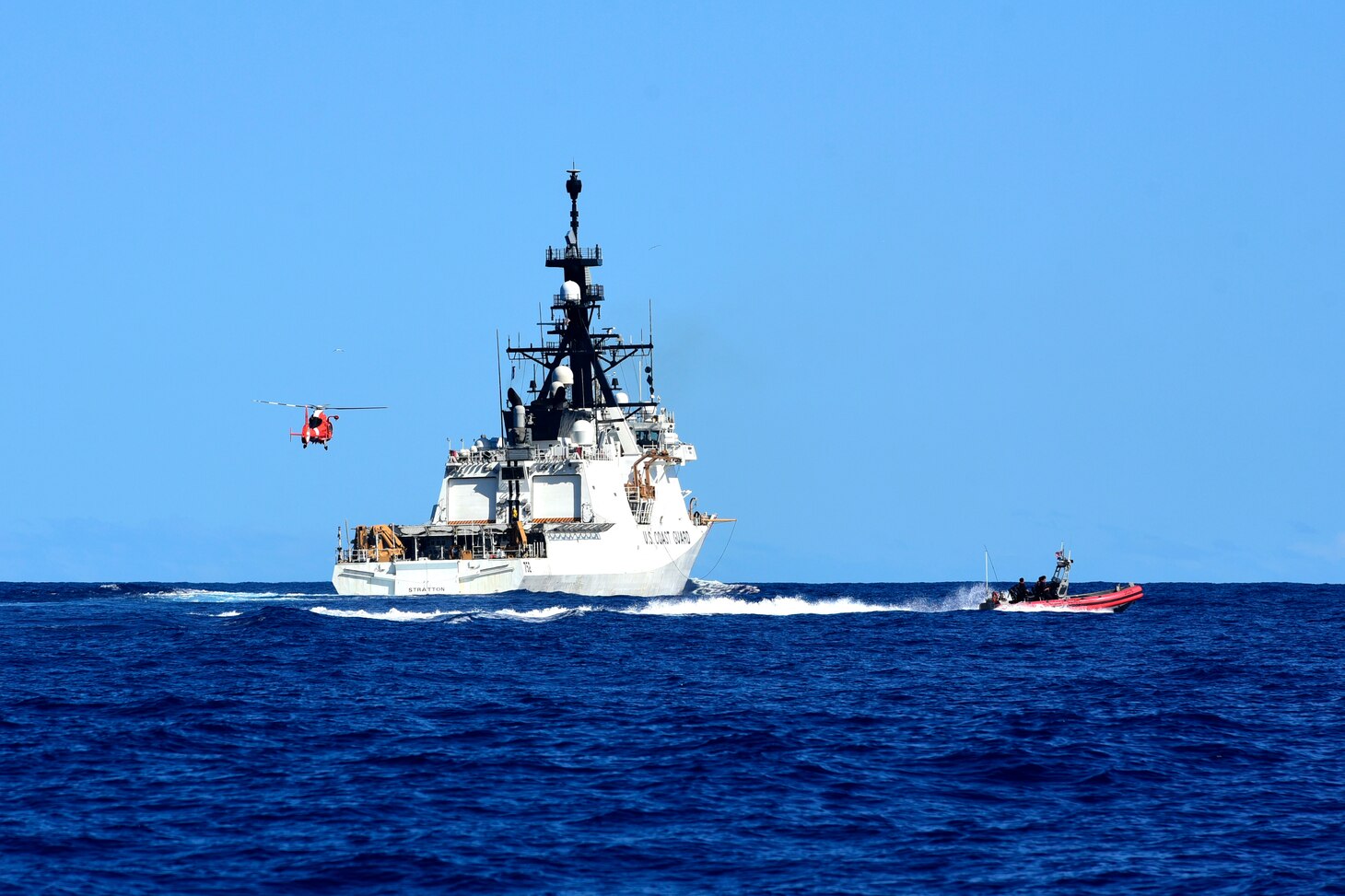 The crew aboard U.S. Coast Guard Cutter Stratton (752) launches multiple air and surface assets during a training operation west of Hawaii, April 20, 2023. Stratton deployed to the Western Pacific to conduct collaborative engagements with ally and partner nations in the region, promoting a free and open Indo-Pacific.