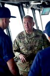 Lt. Gen. Ricky N. Rupp, commander, U.S. Forces Japan, speaks with Capt. Brian Krautler, commanding officer, Coast Guard Cutter Stratton (752), during a tour of the ship at U.S. Fleet Activities Yokosuka, April 30, 2023. Stratton arrived in Japan after beginning a monthslong deployment to the Western Pacific to conduct engagements with regional allies and partners for the promotion of a free and open Indo-Pacific.