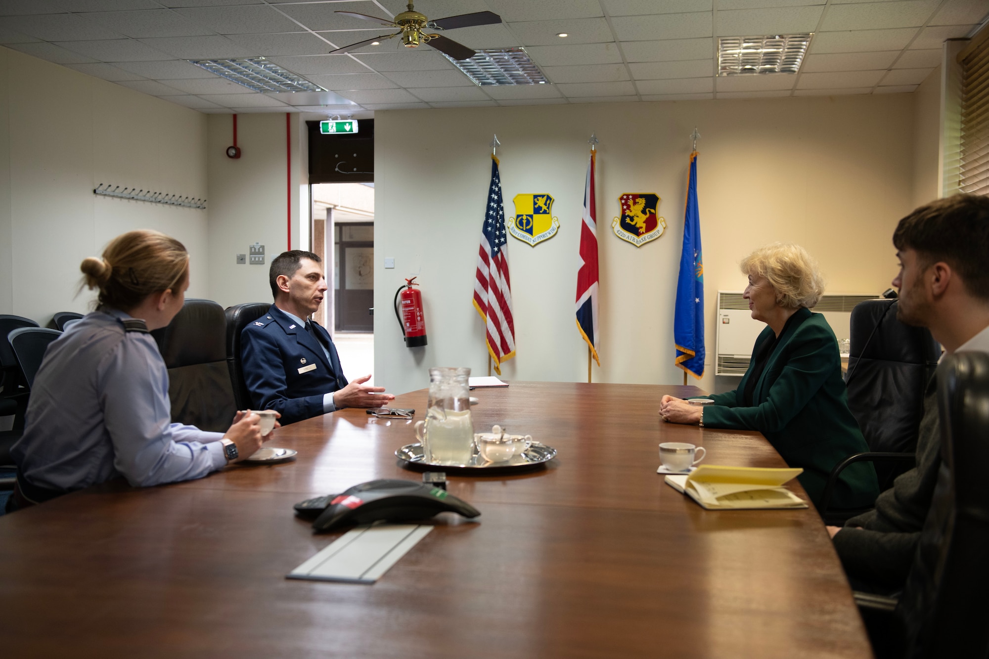 U.S. Air Force Col. Edward Spinelli, right, 422d Air Base Group commander, and Royal Air Force Sqn. Ldr. Tina Sheeran, RAF Alconbury/Croughton/Molesworth RAF commander, met Rt Hon. Dame Andrea Leadsom DBE MP, left, at RAF Croughton, England, April 27, 2023, to discuss topics of interest for the base and local communities. During the meeting they reiterated the close ties between the base and the local community and talked about schooling for the base children, housing in the local area, on base employment for U.K. nationals, and different ways the base can improve security while being as green as possible. (U.S. Air Force photo by Staff Sgt. Jennifer Zima)