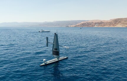 220921-N-NO146-1001 GULF OF AQABA (Sept. 21, 2022) Two unmanned surface vessels, a Saildrone Explorer and Devil Ray T-38 operate in the Gulf of Aqaba, during exercise Digital Shield, Sept. 21. Digital Shield is a bilateral training exercise between U.S. Naval Forces Central Command and Israeli naval forces that focuses on enhancing maritime awareness using unmanned systems and artificial intelligence in support of vessel boarding operations.