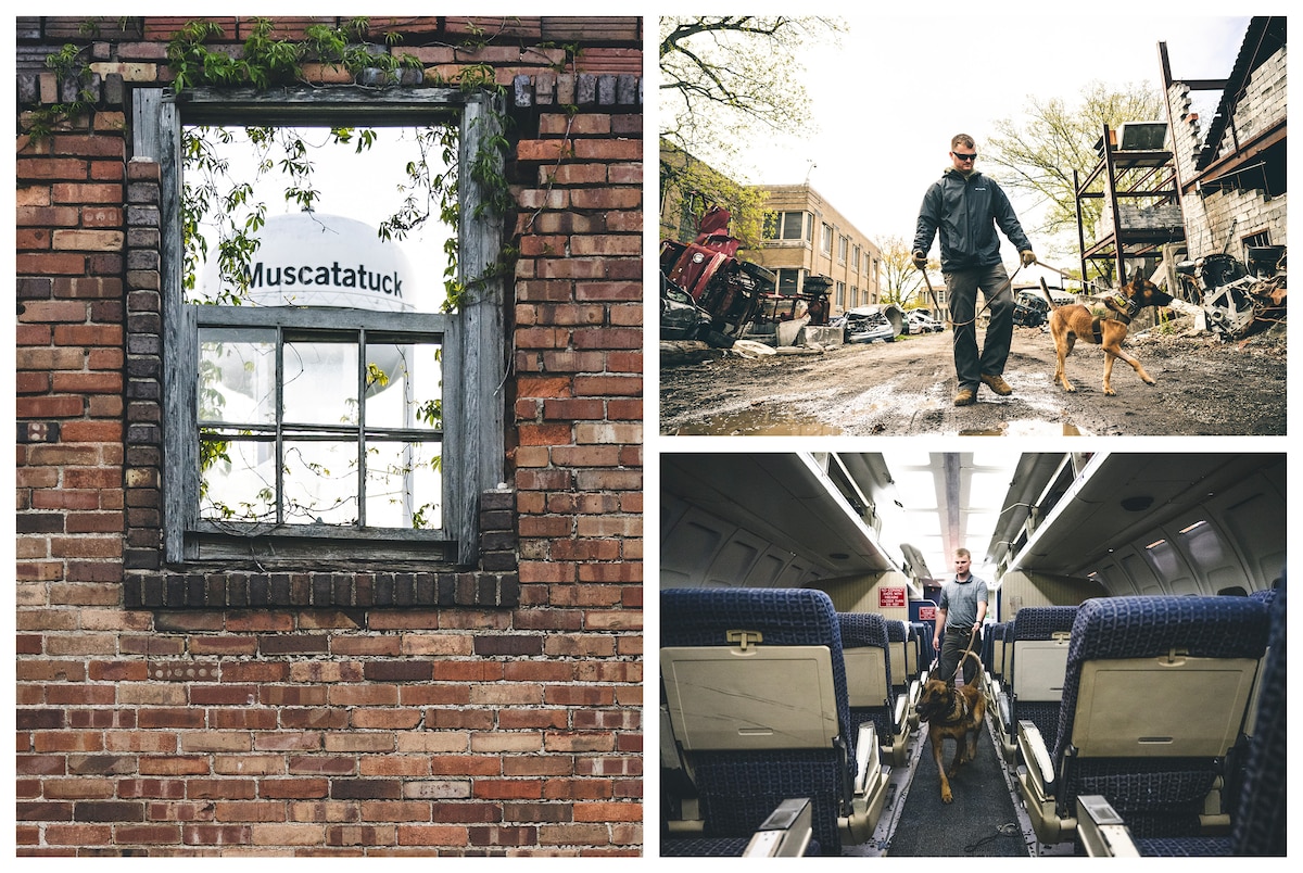 (Left) The Muscatatuck water tower can be seen through the window of a dilapidated building May 3 on Muscatatuck Urban Training Center, Indiana. (Right Top) Staff Sgt. Zackery Leist, 88th Security Forces Squadron military working dog handler and MWD Bulit, perform detection training May 3 through a “city street” on Muscatatuck Urban Training Center, Indiana. (Right Bottom) Staff Sgt. Zackery Leist, 88th Security Forces Squadron military working dog handler, and MWD Bulit perform detection training May 2 in an “airplane cabin” on Muscatatuck Urban Training Center, Indiana.