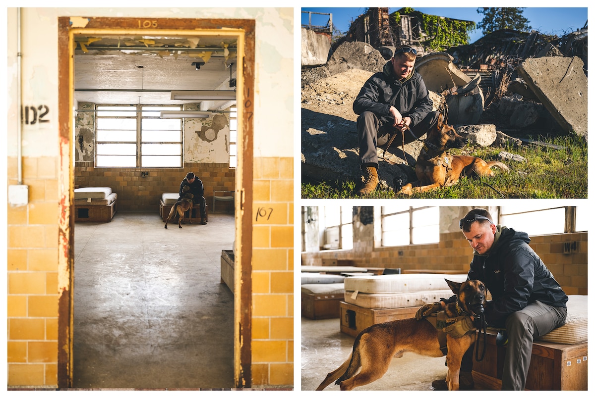 (Left) Staff Sgt. Zachery Leist, 88th Security Forces Squadron military working dog handler, and MWD Bulit take a break in a “hospital” May 3 on Muscatatuck Urban Training Center, Indiana. (Right Top) Staff Sgt. Zackery Leist, 88th Security Forces Squadron military working dog handler, and MWD Bulit sit on the rubble of a “destroyed building” May 3 on Muscatatuck Urban Training Center, Indiana. (Right Bottom) Staff Sgt. Zackery Leist, 88th Security Forces Squadron military working dog handler, sits on a mattress while MWD Bulit takes a break in a “hospital” May 3 on Muscatatuck Urban Training Center, Indiana.