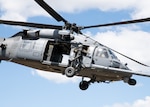 A HH-60 Pave Hawk helicopter flown by the 106th Rescue Wing provides air support during a training exercise at Warren Grove Bombing Range, Ocean County, New Jersey, May 6, 2023. Airmen of the 105th Base Defense Squadron and the 106th Rescue Wing and Soldiers from the U.S. Army National Guard’s 20th Special Forces Group honed expeditionary skills during the exercise.