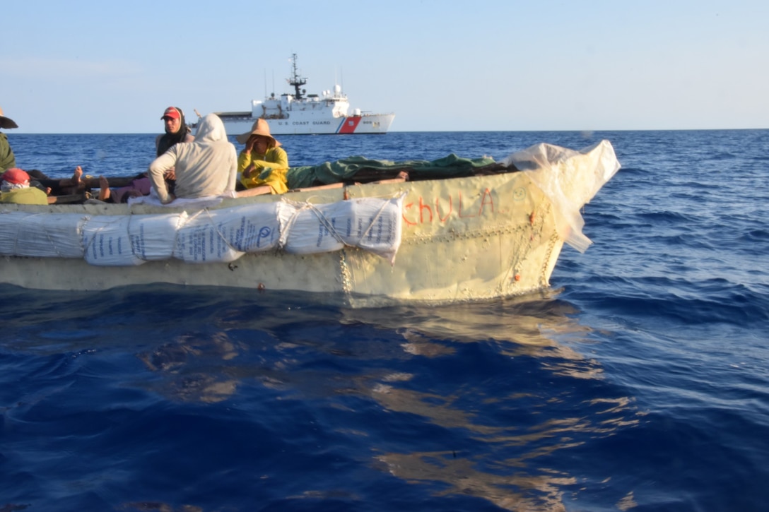 The crew of the USCGC Campbell (WMEC 909) interdicts a Cuban migrant vessel, March 30, 2023, in the South Florida Straits. While underway in the Seventh Coast Guard District’s area of responsibility, Campbell’s crew conducted maritime safety and security missions while working to detect, deter and intercept unsafe and illegal maritime migration ventures bound for the United States. (U.S. Coast Guard photo by Petty Officer 1st Class Nicole Groll)