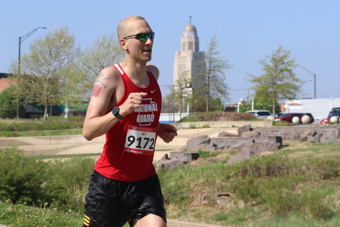 Capt. Daniel Kysela of 1-110th Infantry competes in the Lincoln Marathon May 7 in Lincoln, Nebraska. The race served as the tryout for the All-Guard Marathon Team. (U.S. Army National Guard photo by Maj. Scott Ingalsbe)